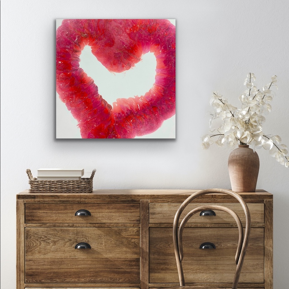 Love - Pink, Red, White W/Gold Glitter 14x14 Fluid Art Canvas